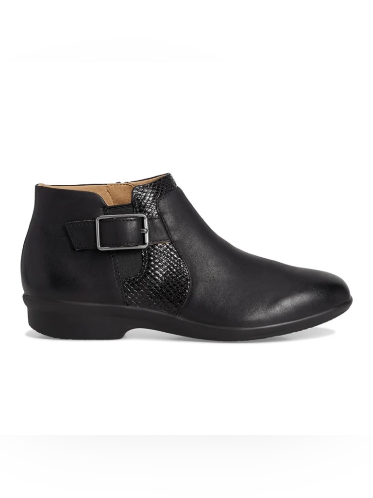 Dansko Black Leather Ankle Boot With Textured Panel And Buckle